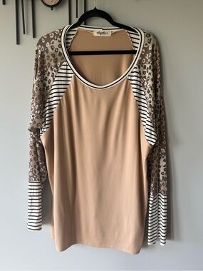 Haptics Tan Long Sleeve Raglan Top with Leopard & Black-White Stripe Accents